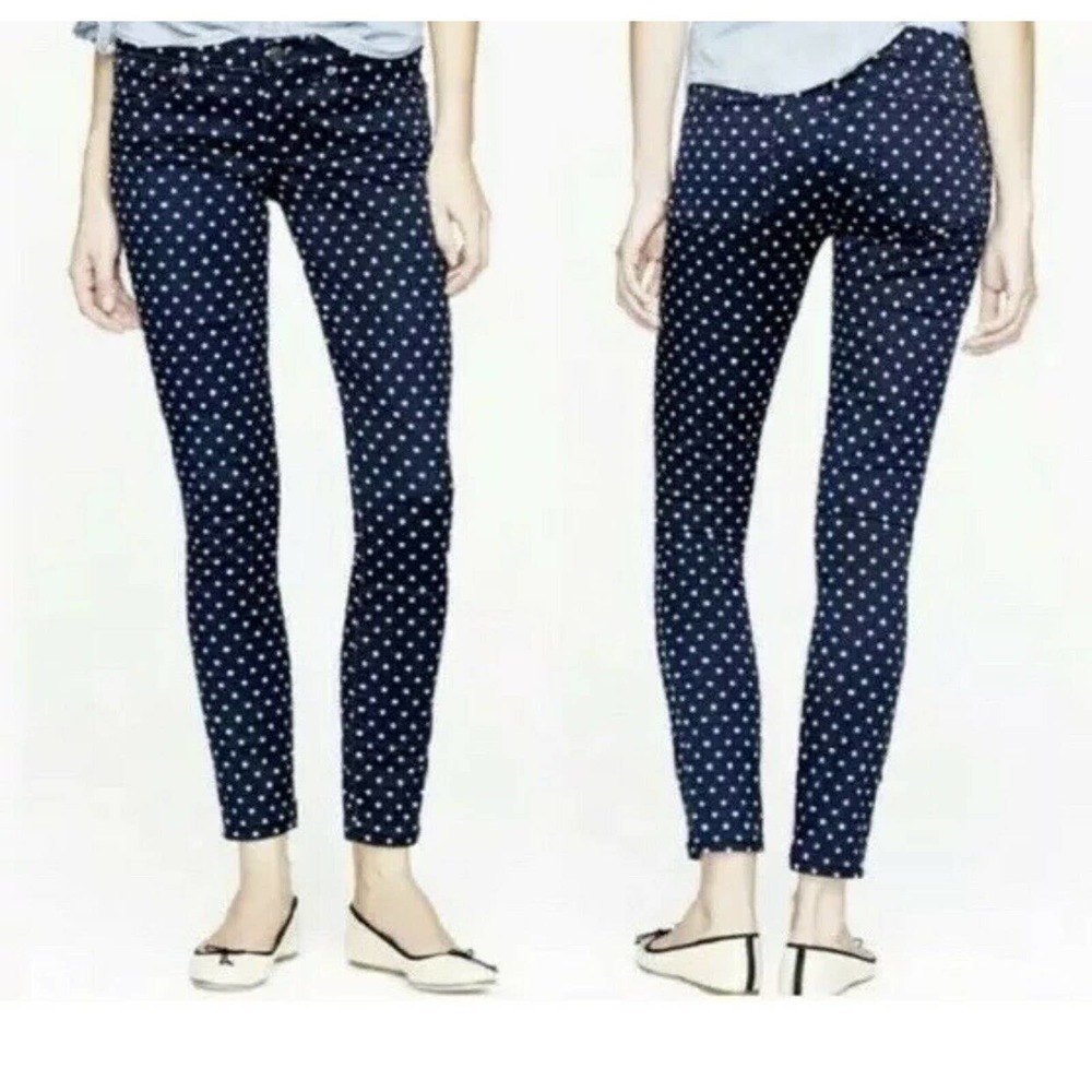Womens J Crew Skinny Polka Dot Navy Blue Mid Rise Stretch Toothpick Jeans Sz 26